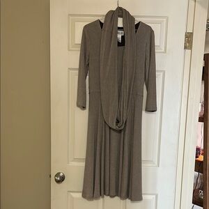 Beige Fit and Flare Long Sleeve Cowl Neck Dress for Casual Work